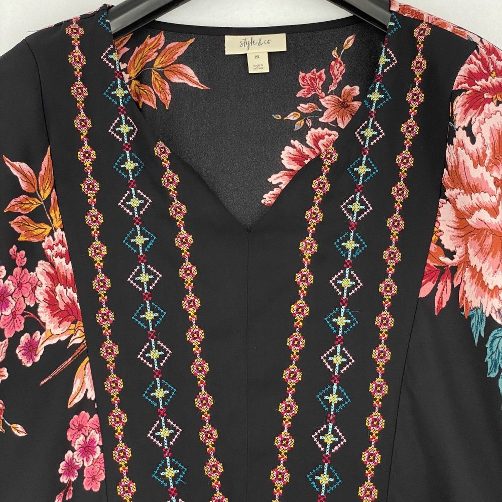 Style & Co Womens Blouse Top Plus Size Black Floral Long Sleeve Crochet Paisley - Picture 3 of 7
